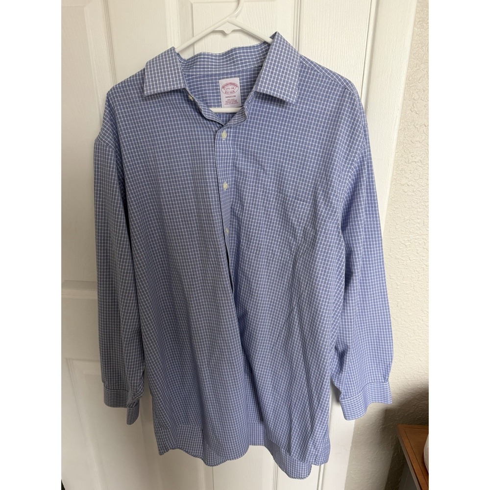 Brooks Brothers Madison Non-Iron Supima Cotton Blue Check Dress Shirt 17.5-34